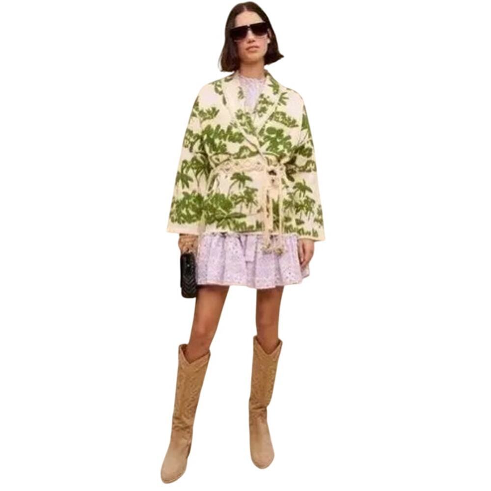 New Maje Imprime Aloha Beige Green Palm Tree Jacket Macrame Belted Sz 1 / Us S